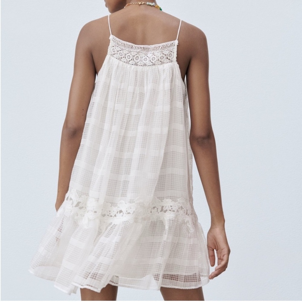 Zara Embroidered Eyelet Dress White Cottagecore Mini Ruffle Prairie Cotton Sz M - Picture 2 of 9